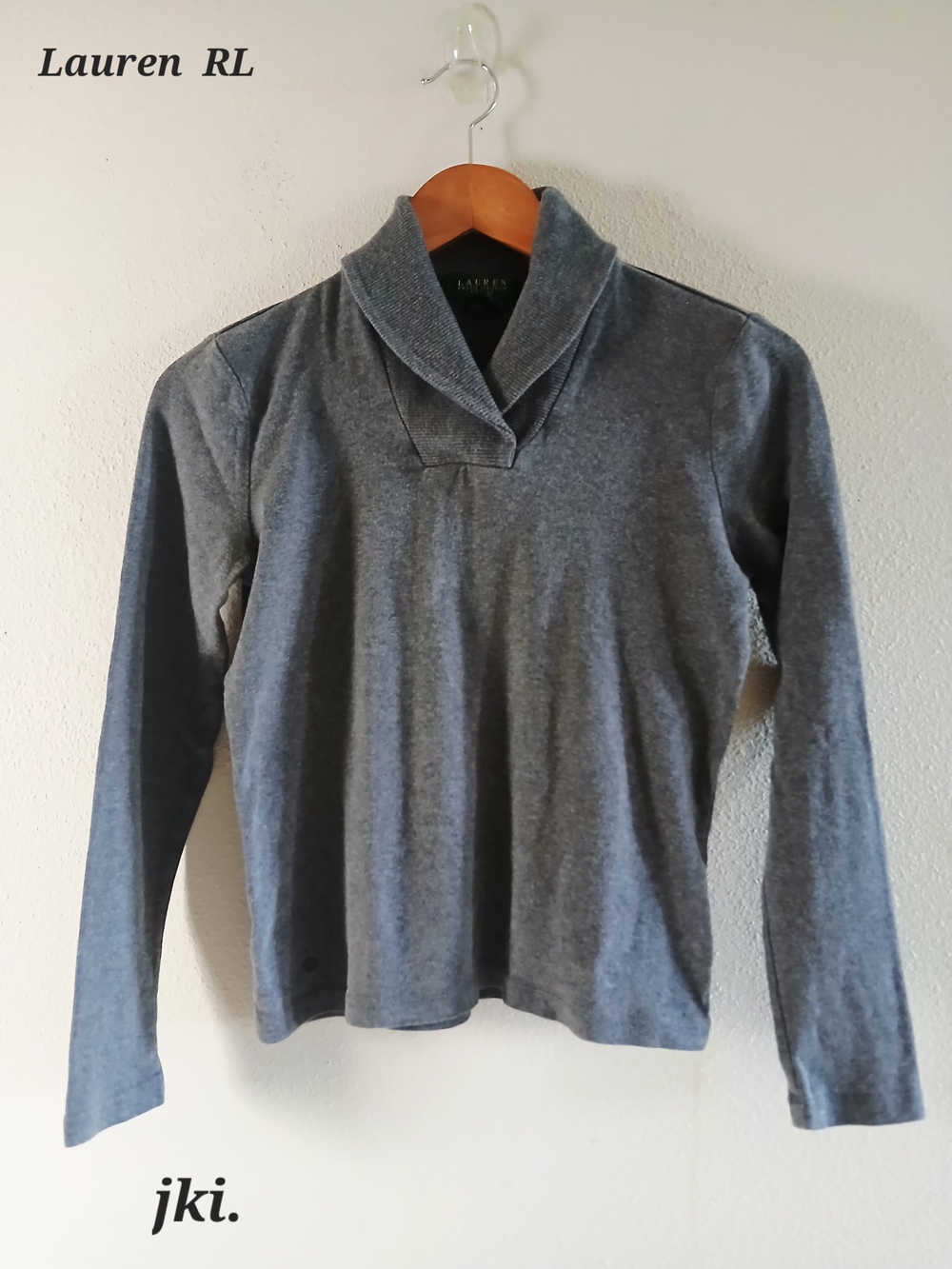 Lauren RL Shawl Collar Long Sleeve Top Gray